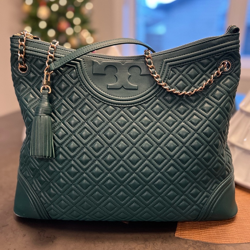 Tory Burch Green Leather Top Zip Shoulder bag